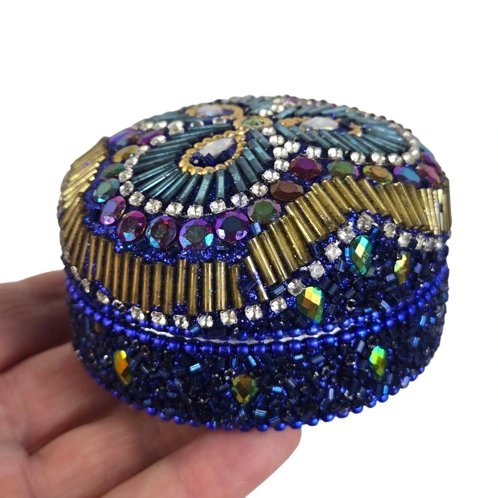 2 Vintage Beaded Bejeweled Trinket Boxes Round Domed Tins Iridescent Gold Blue